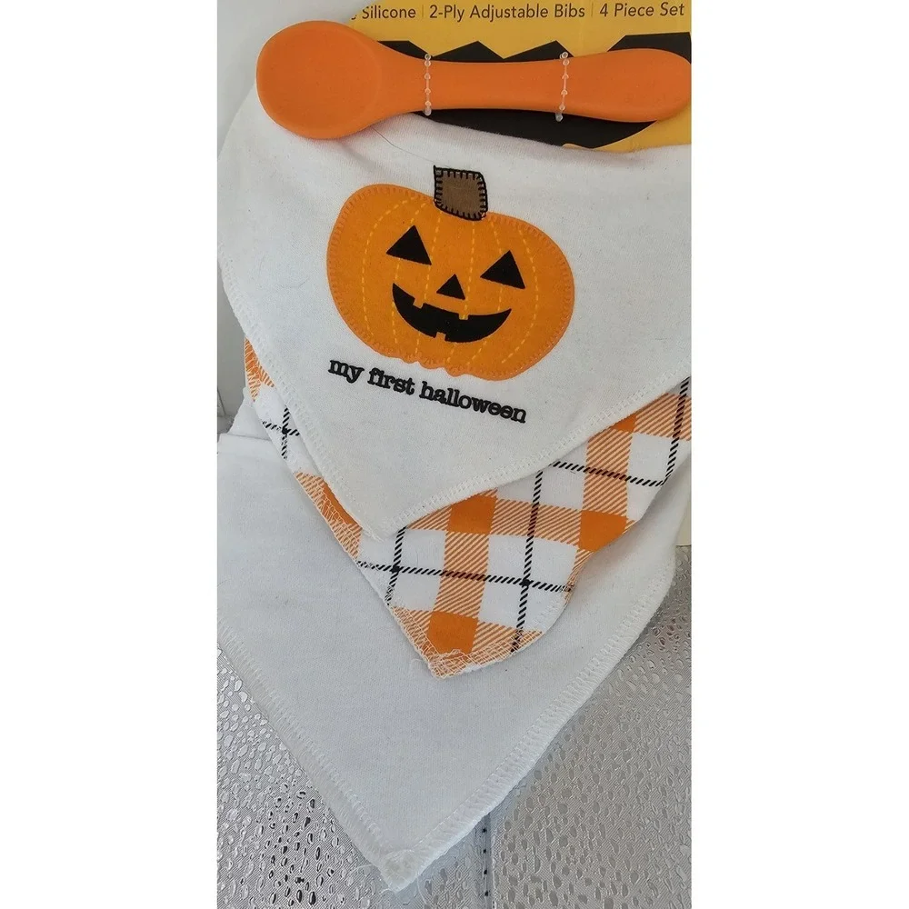 Lila and Jack My First Halloween Pumpkin Bandana Bib & Spoon Set 4 Piece Set NWT